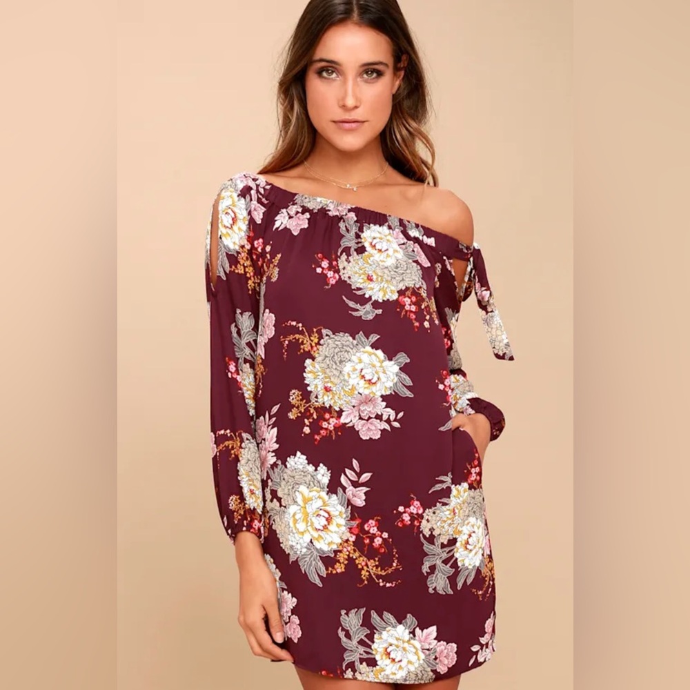 ALI & JAY Burgundy Floral One Shoulder Dress